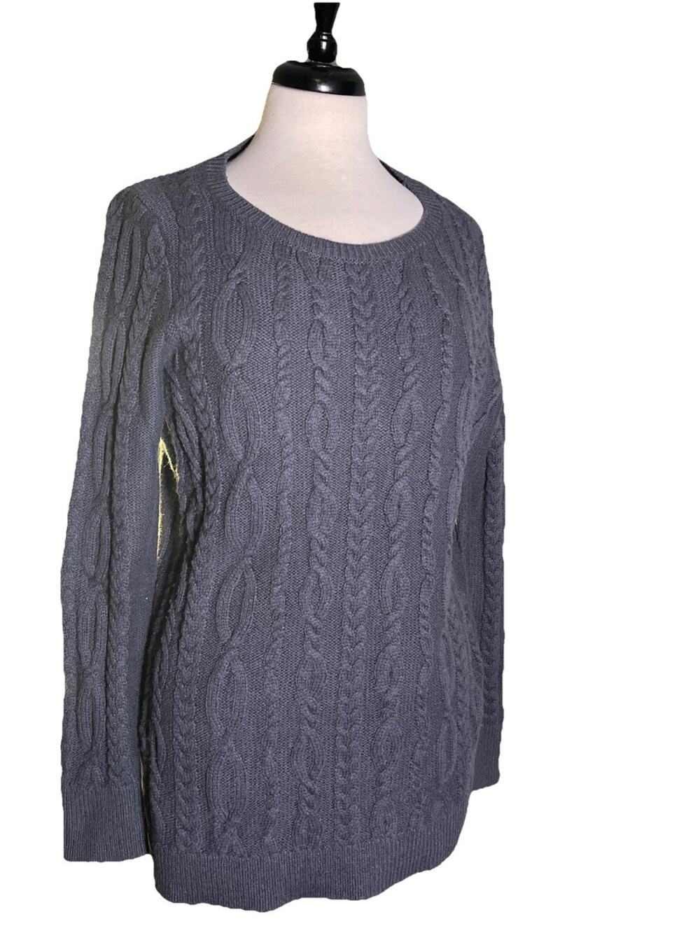 LOFT Women's Gray Knit Long Sleeves Ribbed Crewneck Sweater Medium Cotton Blend